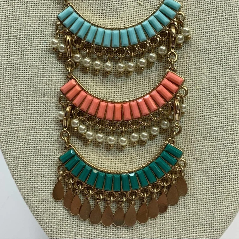 boho Gold tone long tiered colorful beaded necklace fun spring summer